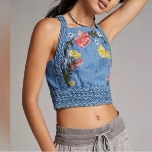 Pilcro Blue Floral Embroidered Crop Top
